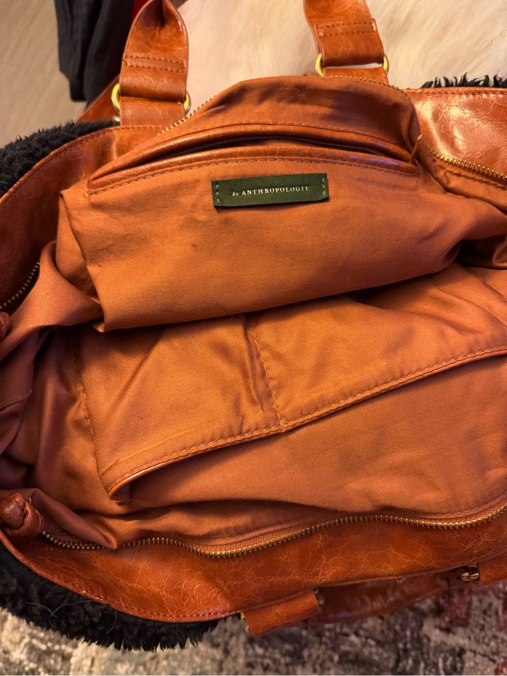 Black Sherpa Tote Bag with Brown faux Leather Straps - Picture 6 of 9